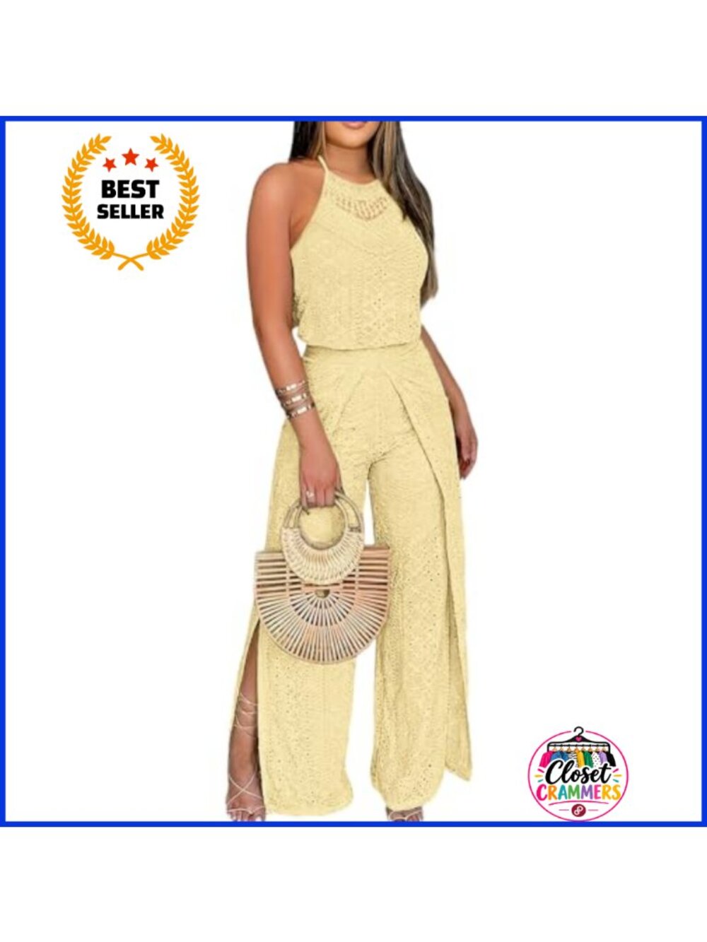 Women's Eyelet Halter Jumpsuit High Waist Wide Leg Crochet Lace